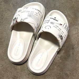 Graffiti Print Flatform Sliders - White